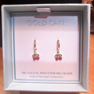 Adorable Gold Cake 18k over 925 Dangly Cherry Earrings  NIB